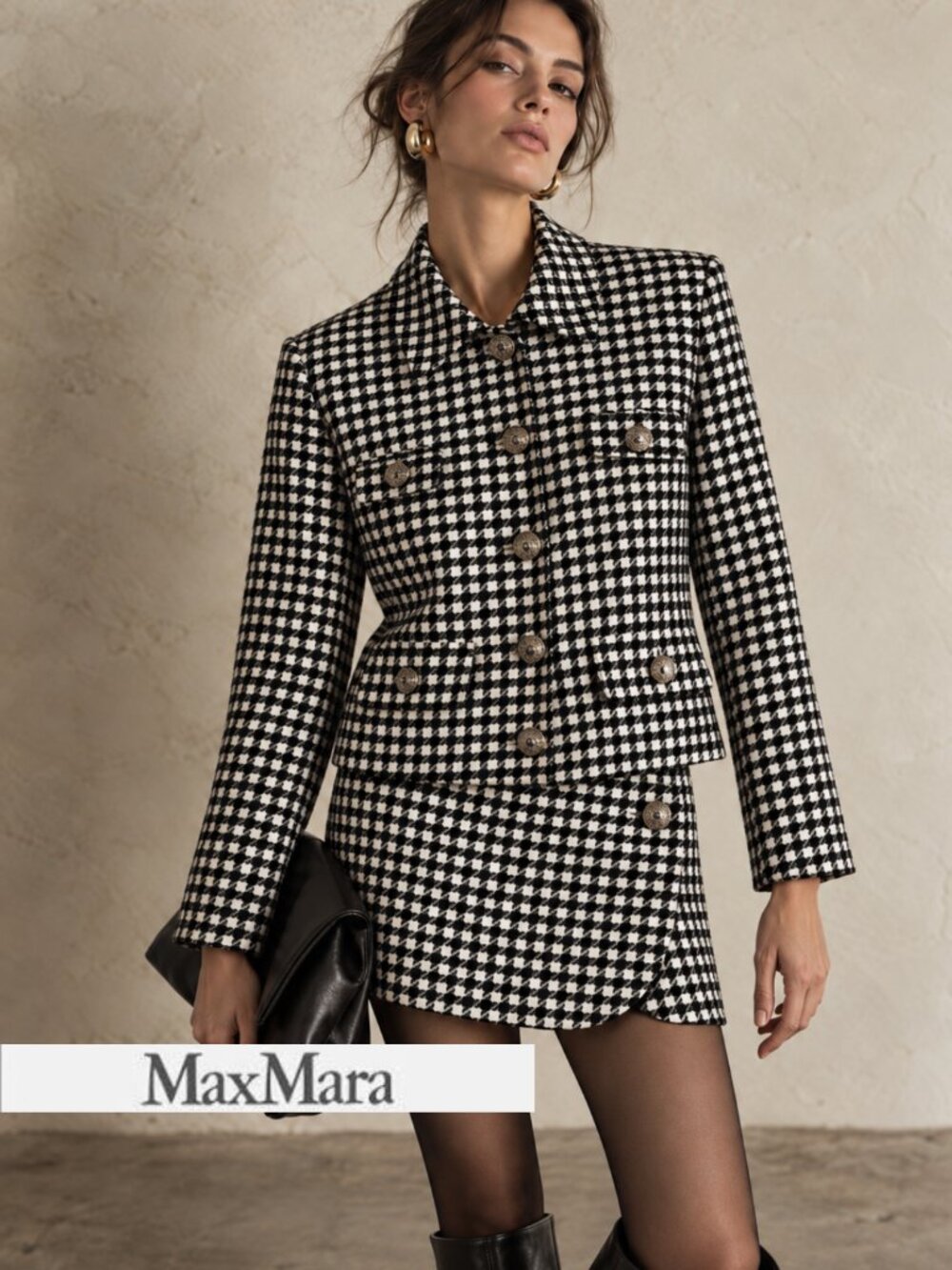 VTG Max Mara Pianoforte Houndstooth Wool Skirt Suit Set IT 42 US 6 Luxury